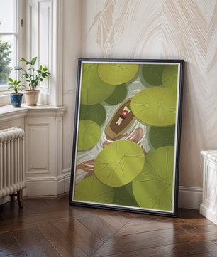 Person in boat among lush green lily pads
