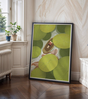 Person in boat among lush green lily pads