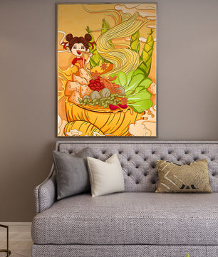Ilustración colorida de un niño disfrutando de un tazón de fideos con verduras