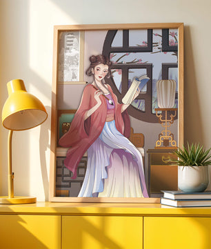 Illustrated scene of a woman in traditional attire reading by a window