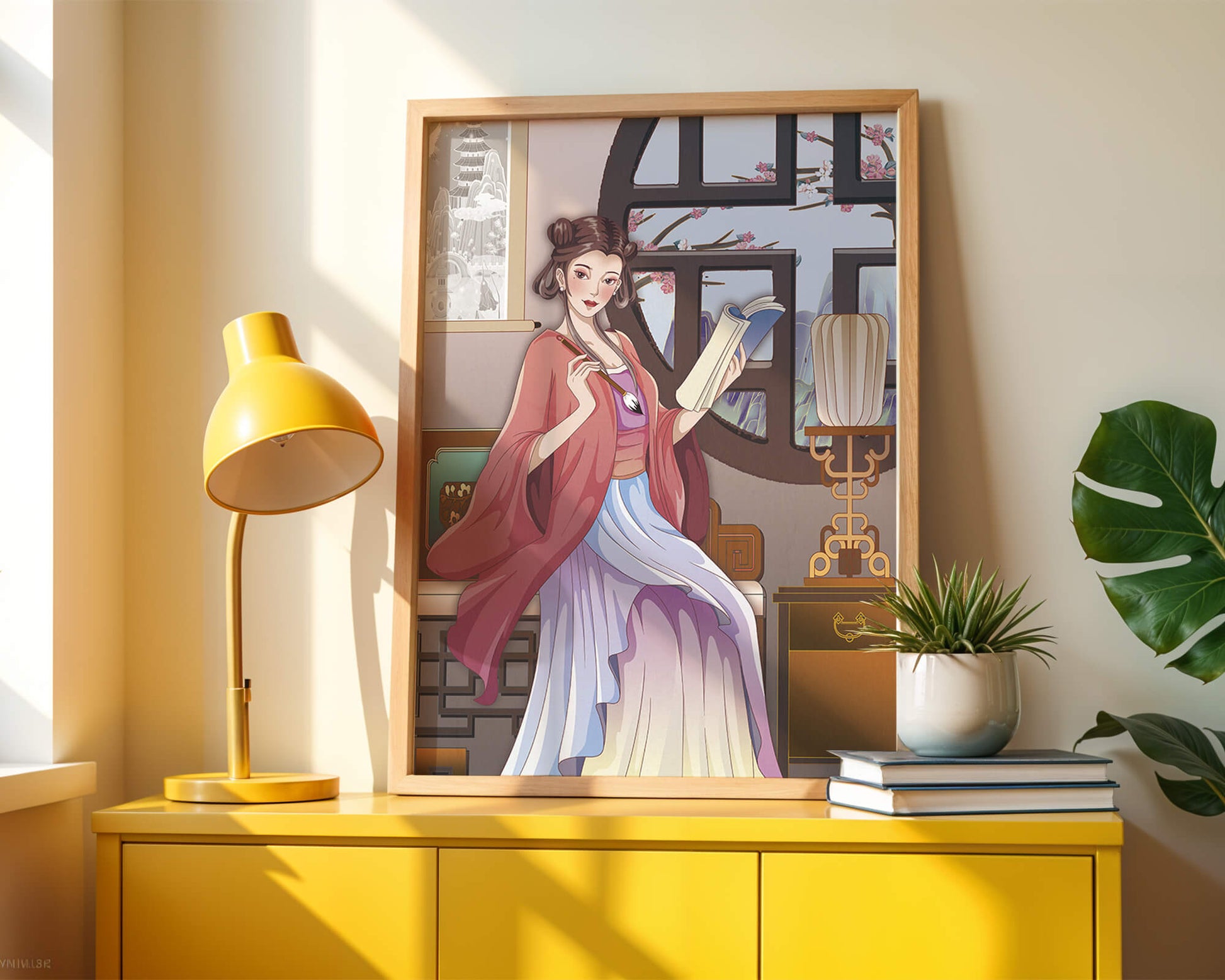 Illustrated scene of a woman in traditional attire reading by a window