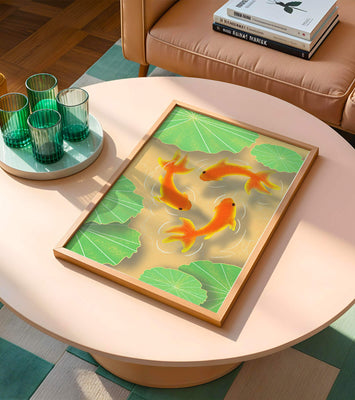 Tranquil pond scene with koi fish and lily pads