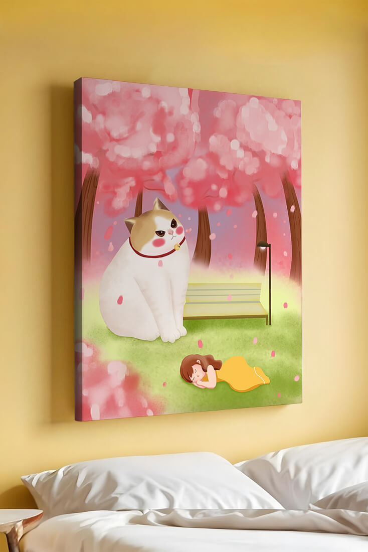 Whimsical scene with giant cat and girl under cherry blossoms