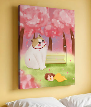 Whimsical scene with giant cat and girl under cherry blossoms