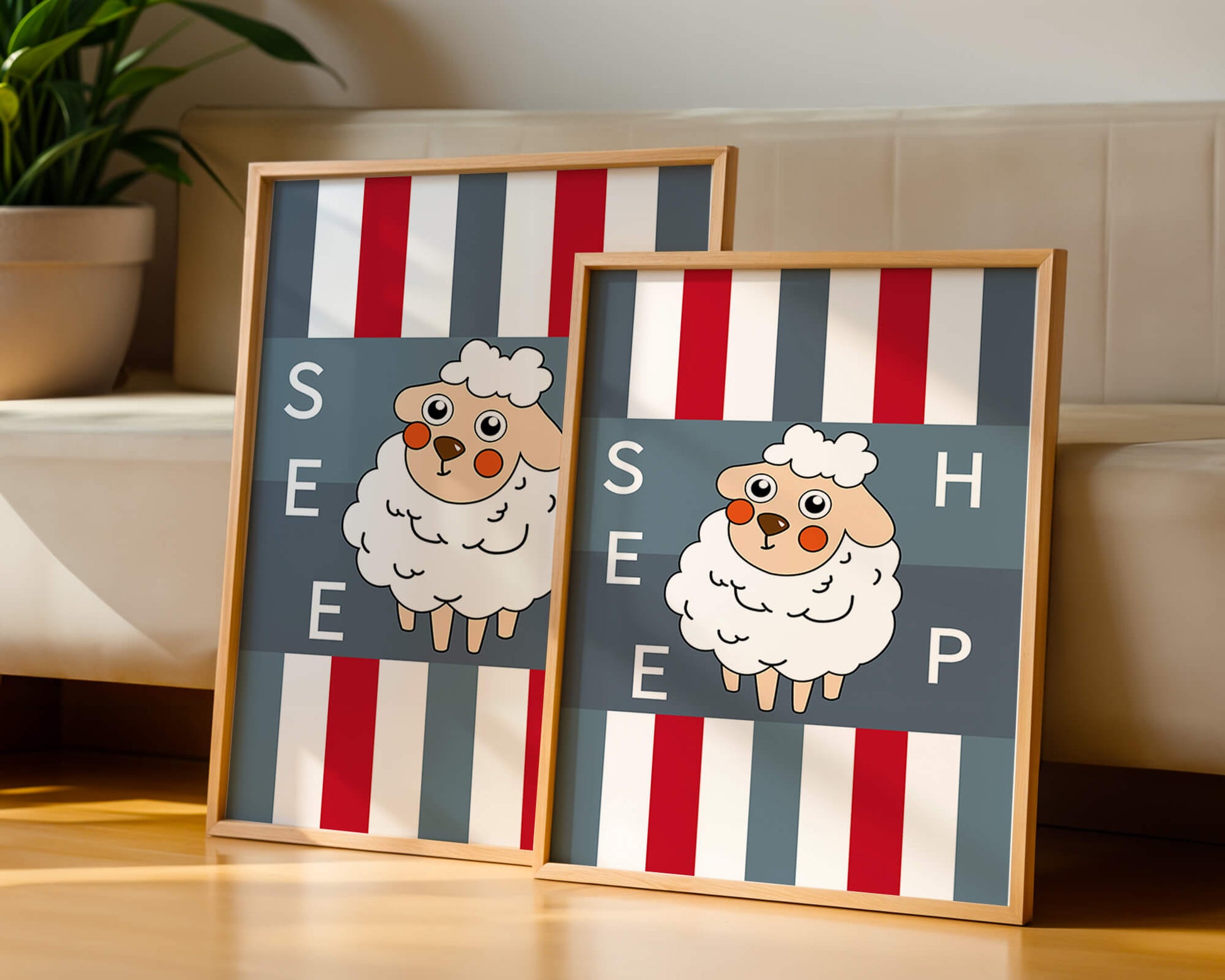 Playful sheep illustration on striped background