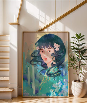 Retrato onírico de una niña con elementos florales y fondo natural