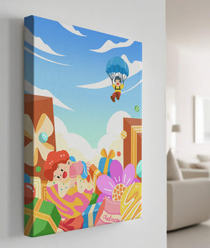 Colorful illustration with presents and children playing under a blue sky