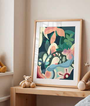 Abstract botanical artwork with vibrant colors and natural elements