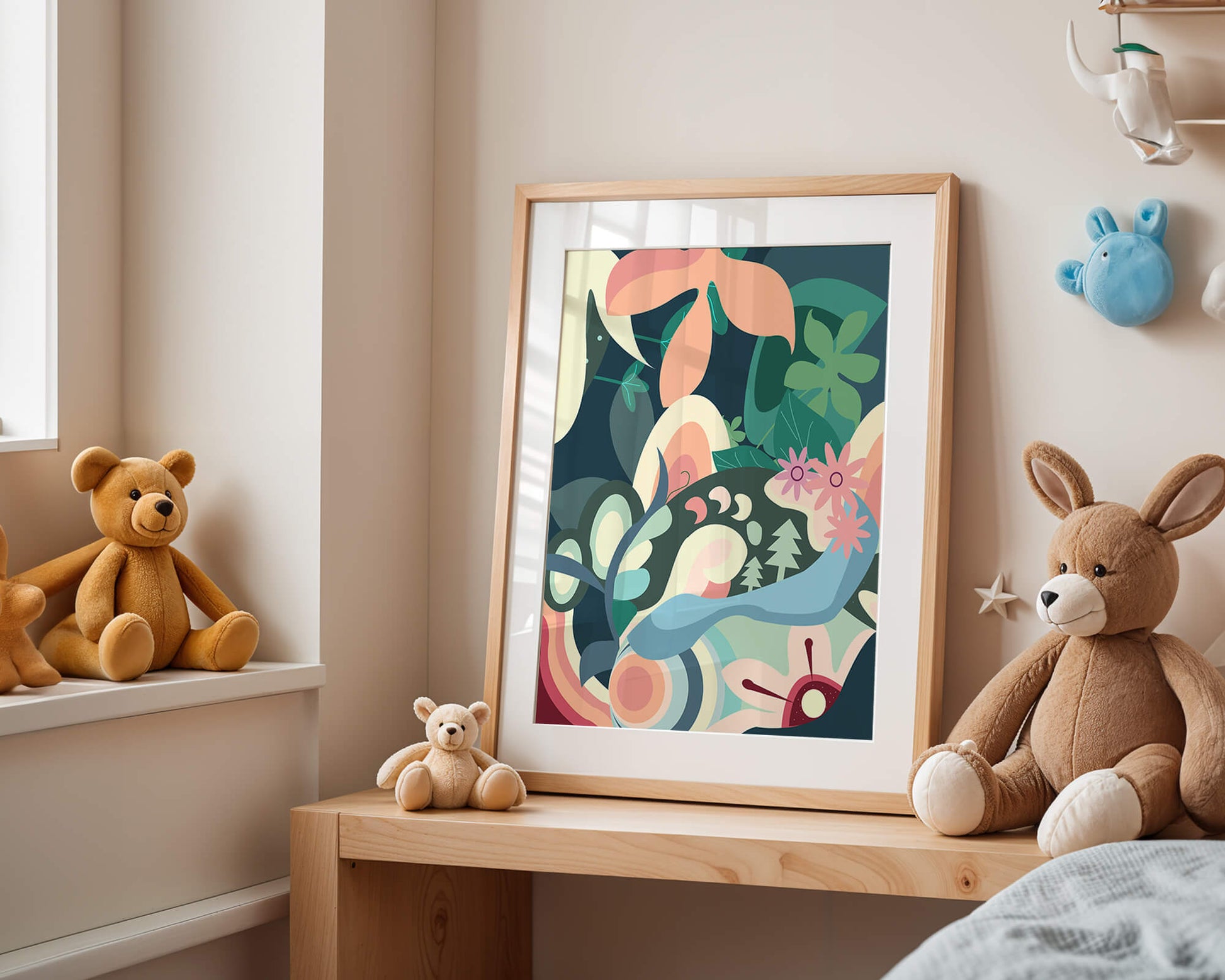 Abstract botanical artwork with vibrant colors and natural elements