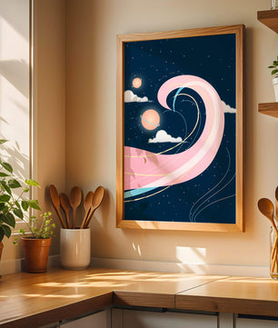 Cosmic Waves and Planets with Whimsical Pink Swirls and Stars - Mi tienda