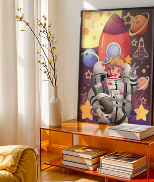 Ilustración de una chica astronauta con temática espacial