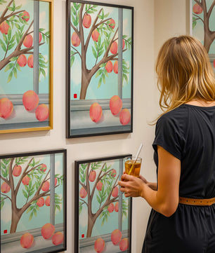 Peach tree outside a window with ripe peaches and sunny sky