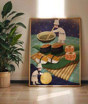 Ilustración juguetona de chefs preparando sushi en un paisaje imaginario