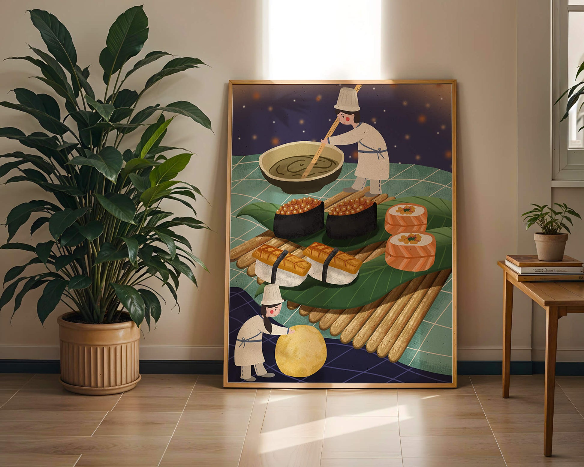 Ilustración juguetona de chefs preparando sushi en un paisaje imaginario