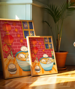 Festive Dumpling Illustration with Lanterns and Fireworks - Mi tienda