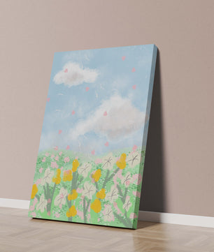 Paysage printanier avec nuages et fleurs