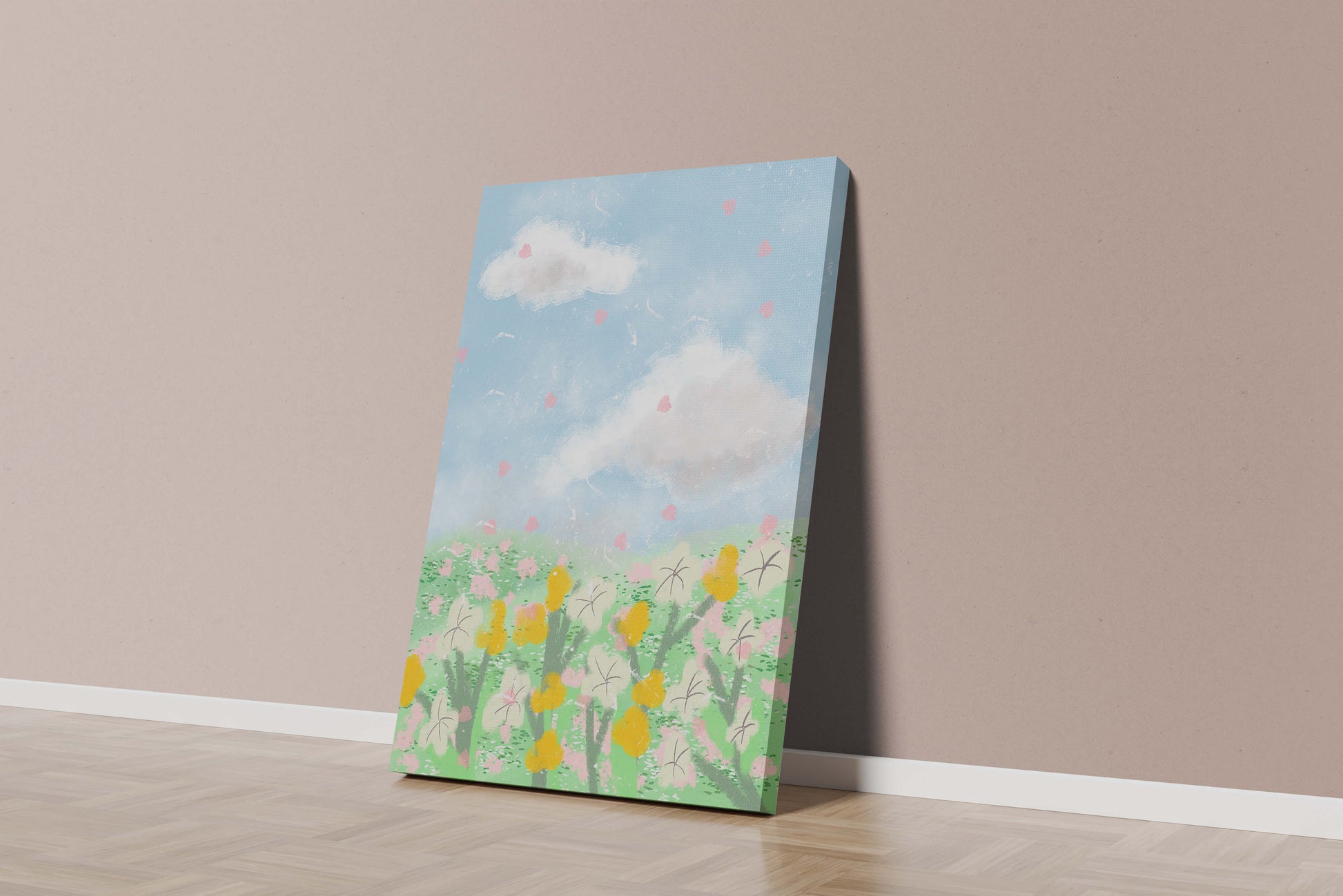 Paysage printanier avec nuages et fleurs