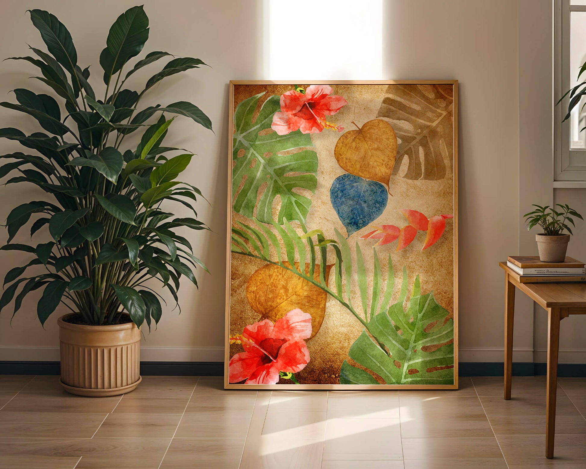 Vibrant tropical leaves and flowers watercolor design