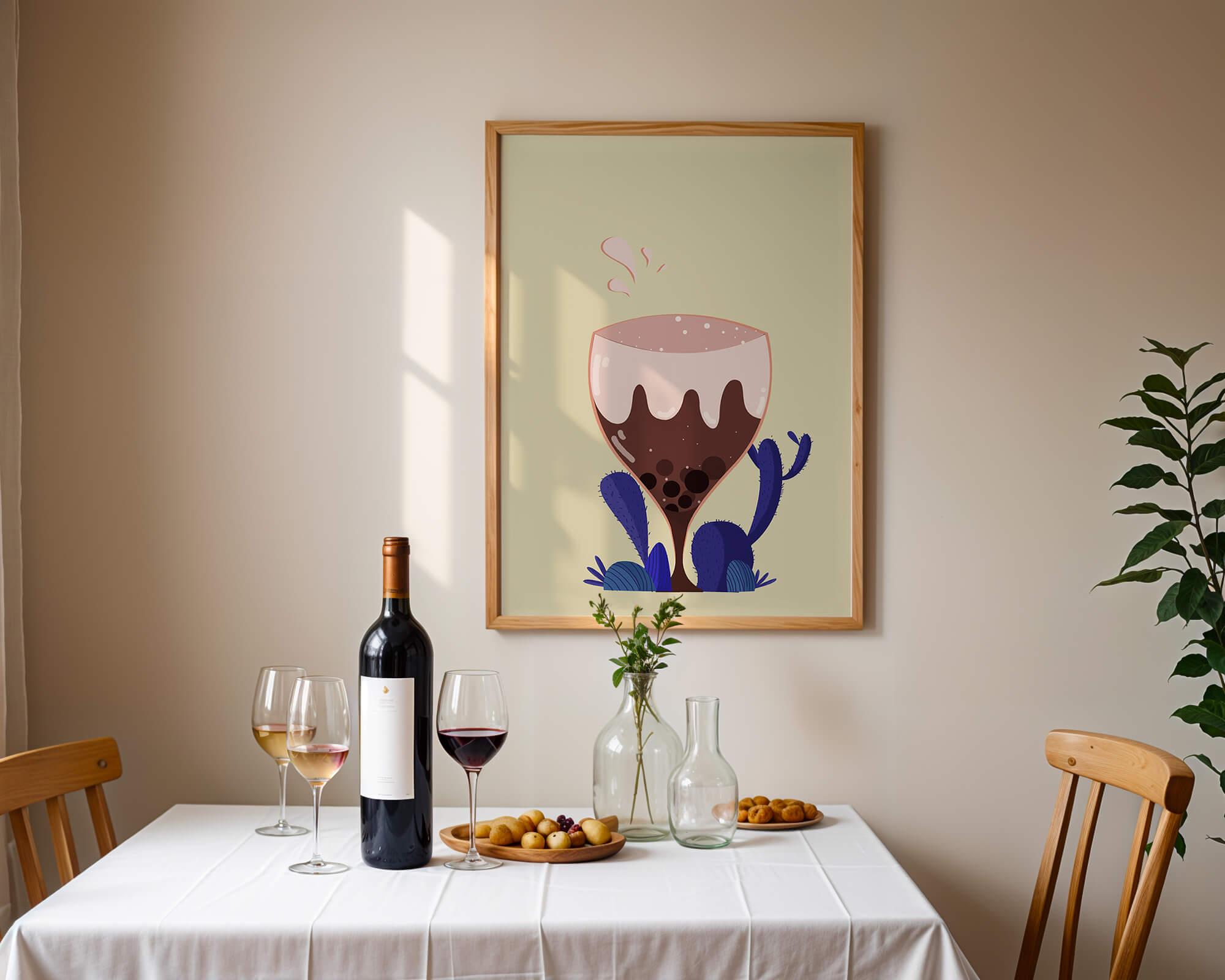 Illustration of a whimsical wine glass with liquid splash and purple plants