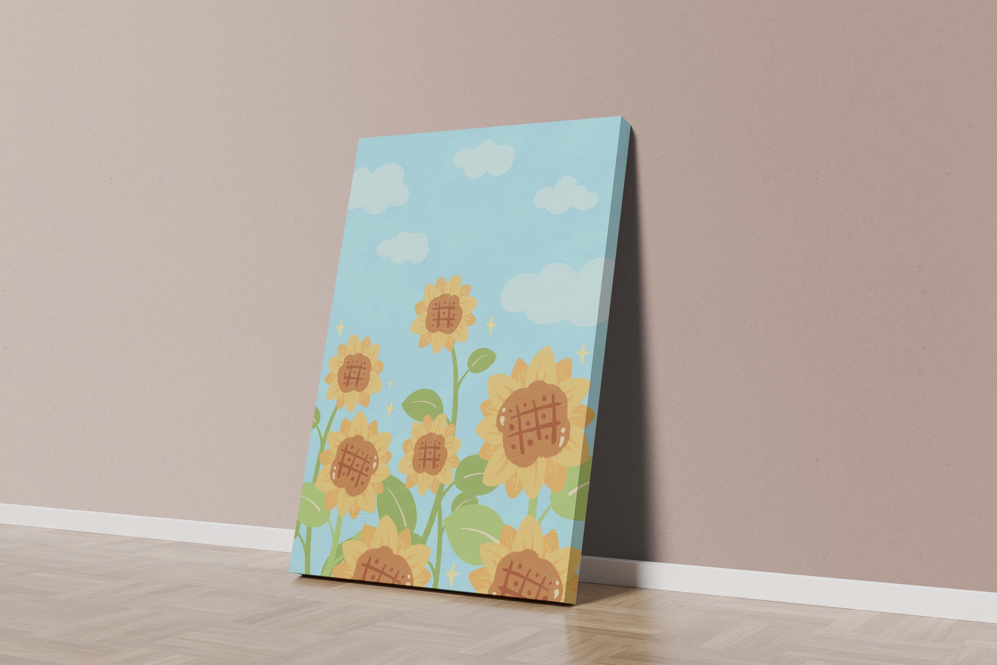 Sunflowers Under Blue Sky with Floating Clouds
