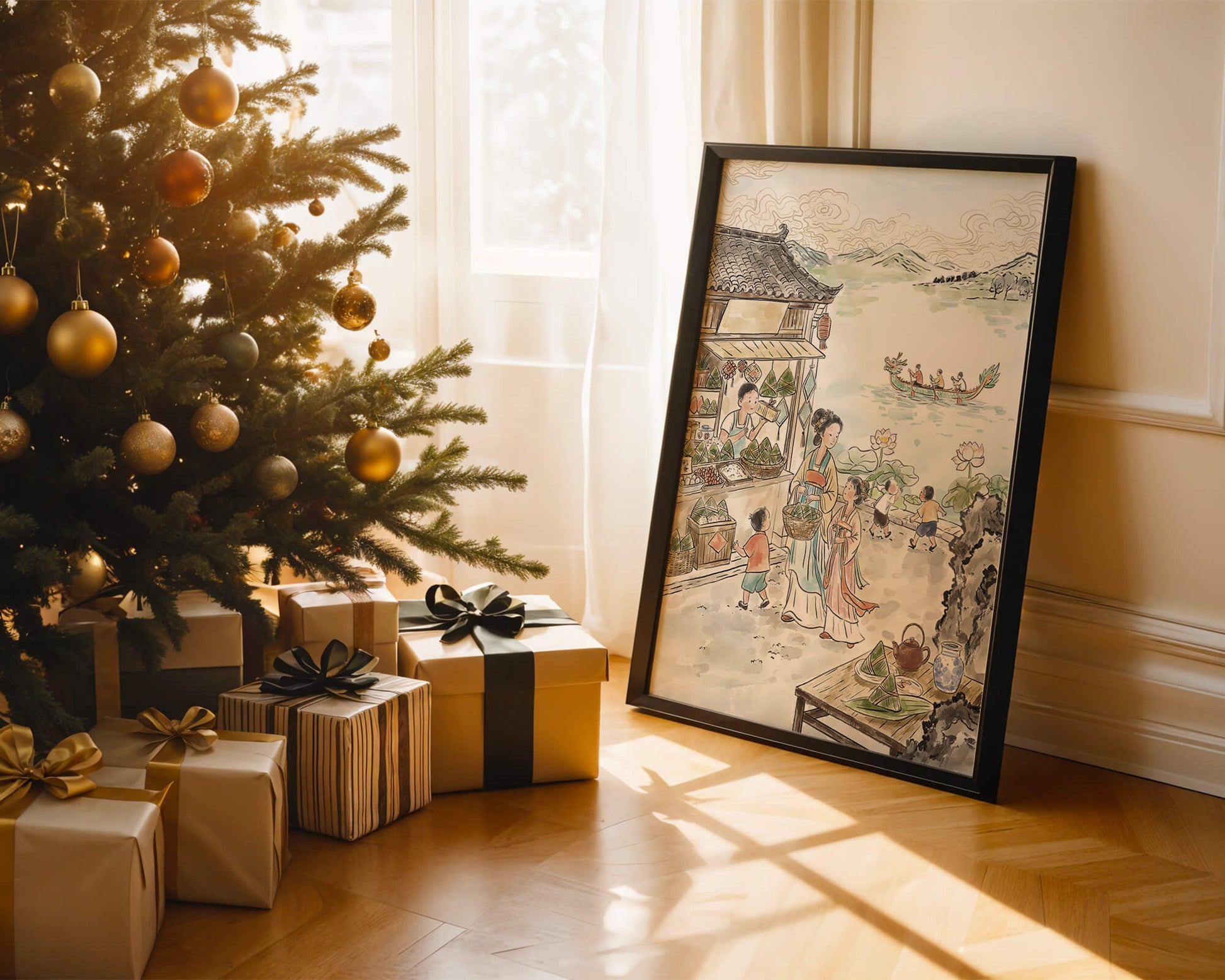 Escena tradicional del mercado chino con carreras de botes dragón