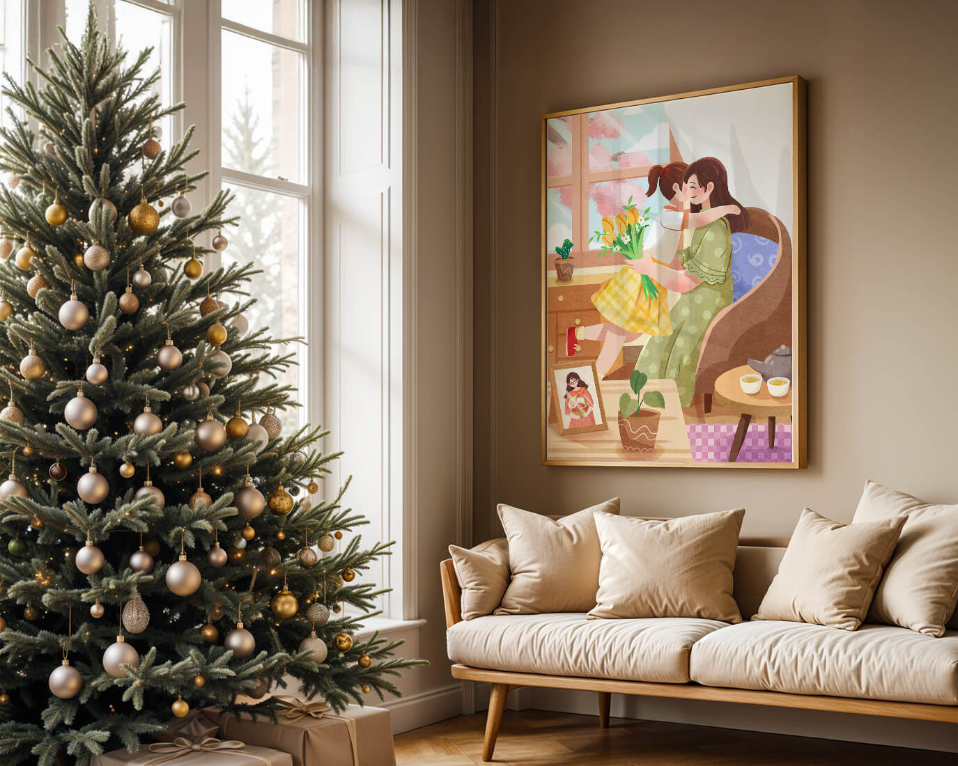 Cozy living room scene with mother and daughter hugging near window