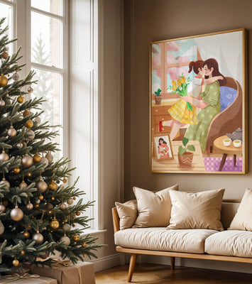Cozy living room scene with mother and daughter hugging near window