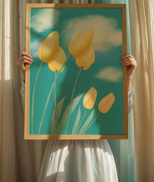 Stylized yellow tulips against a cloudy blue sky background