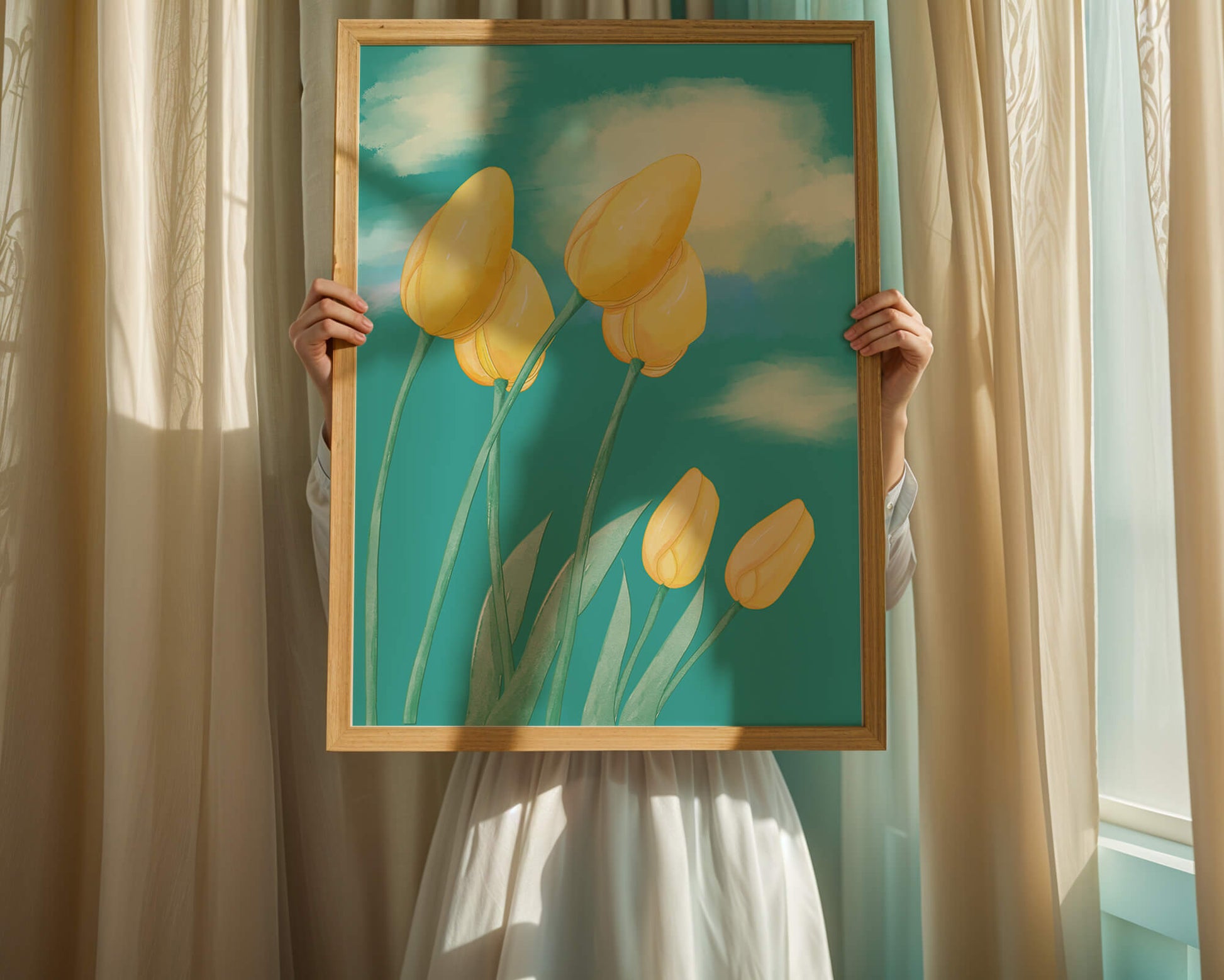 Stylized yellow tulips against a cloudy blue sky background