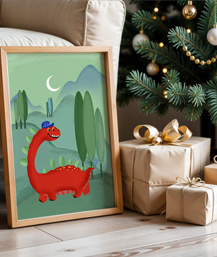 Whimsical red dinosaur in a serene nighttime forest