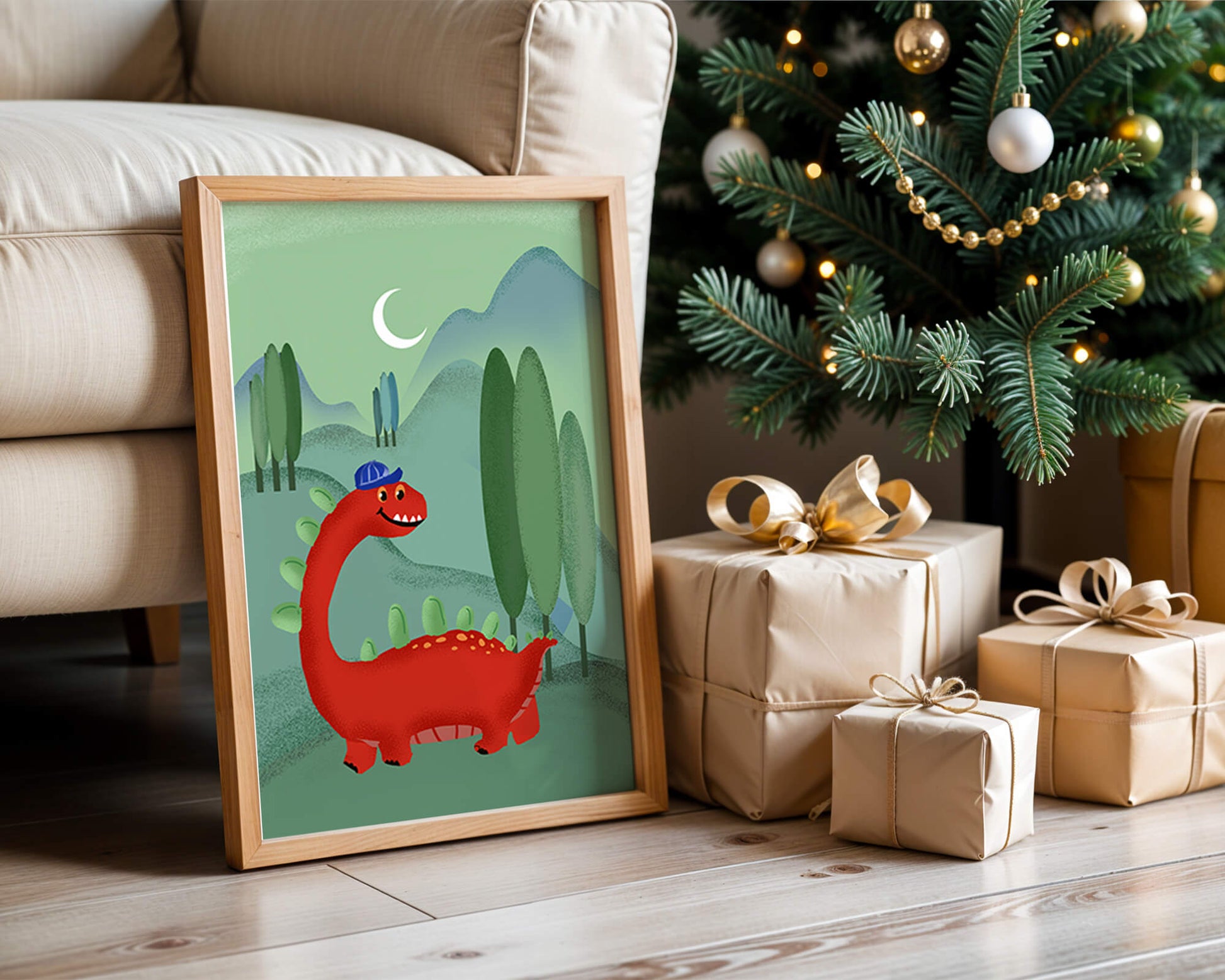 Whimsical red dinosaur in a serene nighttime forest
