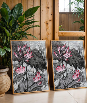 Illustration complexe de fleurs de lotus roses avec des feuilles