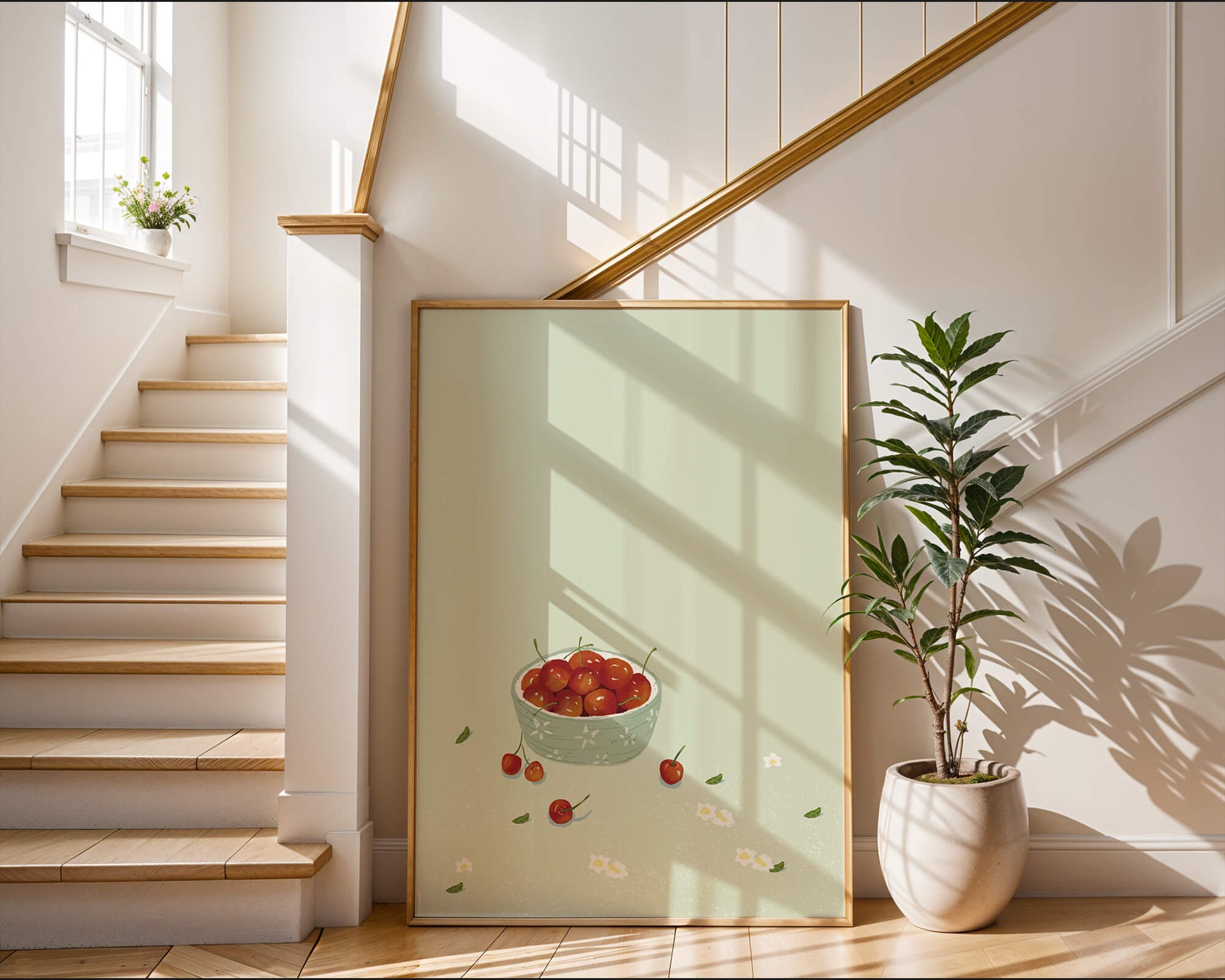 Cherries in a decorative bowl with floral accents on a soft green background
