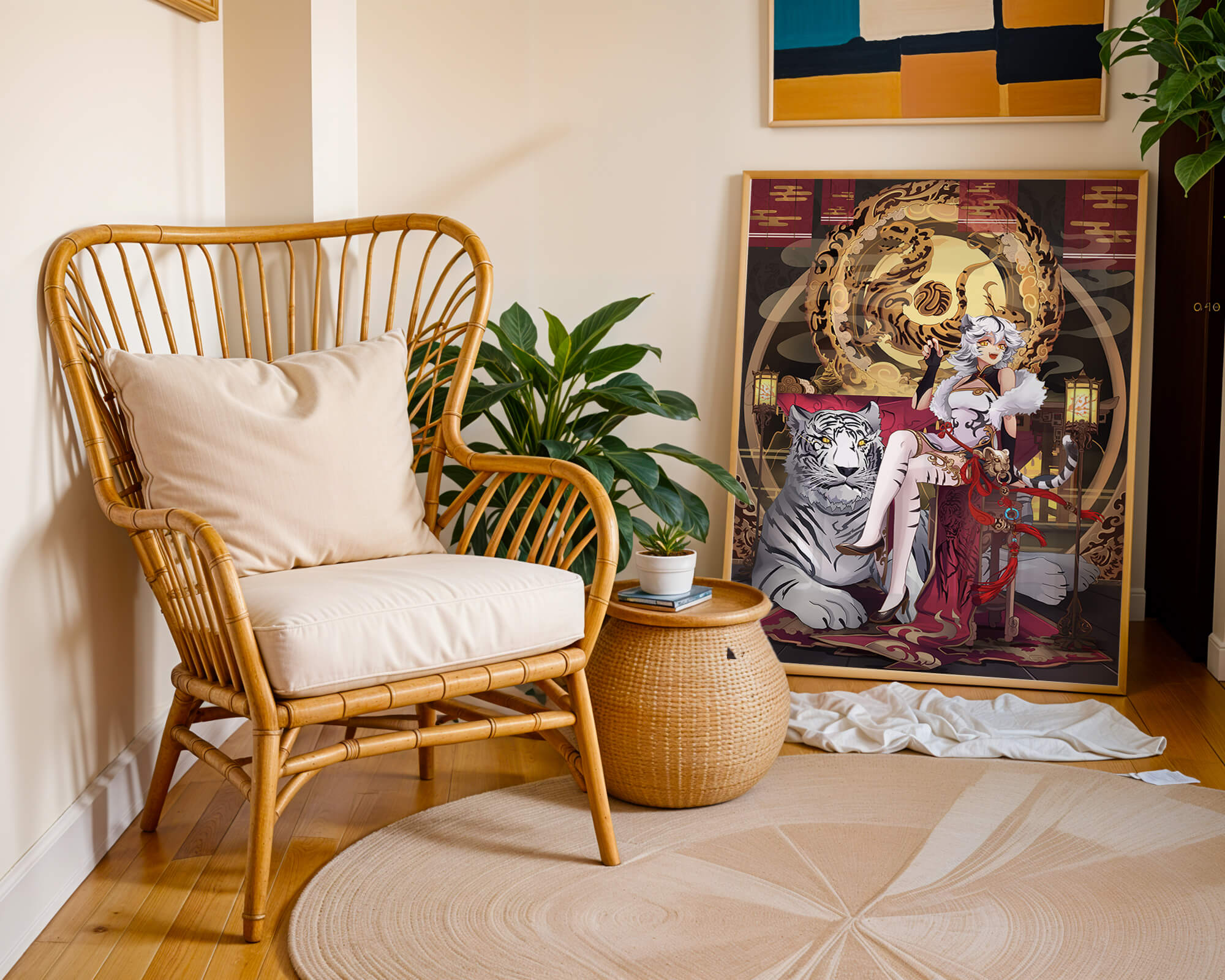 Elegant fantasy character with mystical tiger and ornate decor