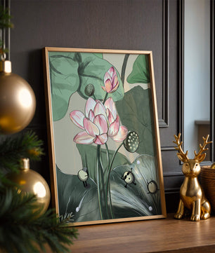 Illustrated lotus with playful cartoon bees in a serene garden