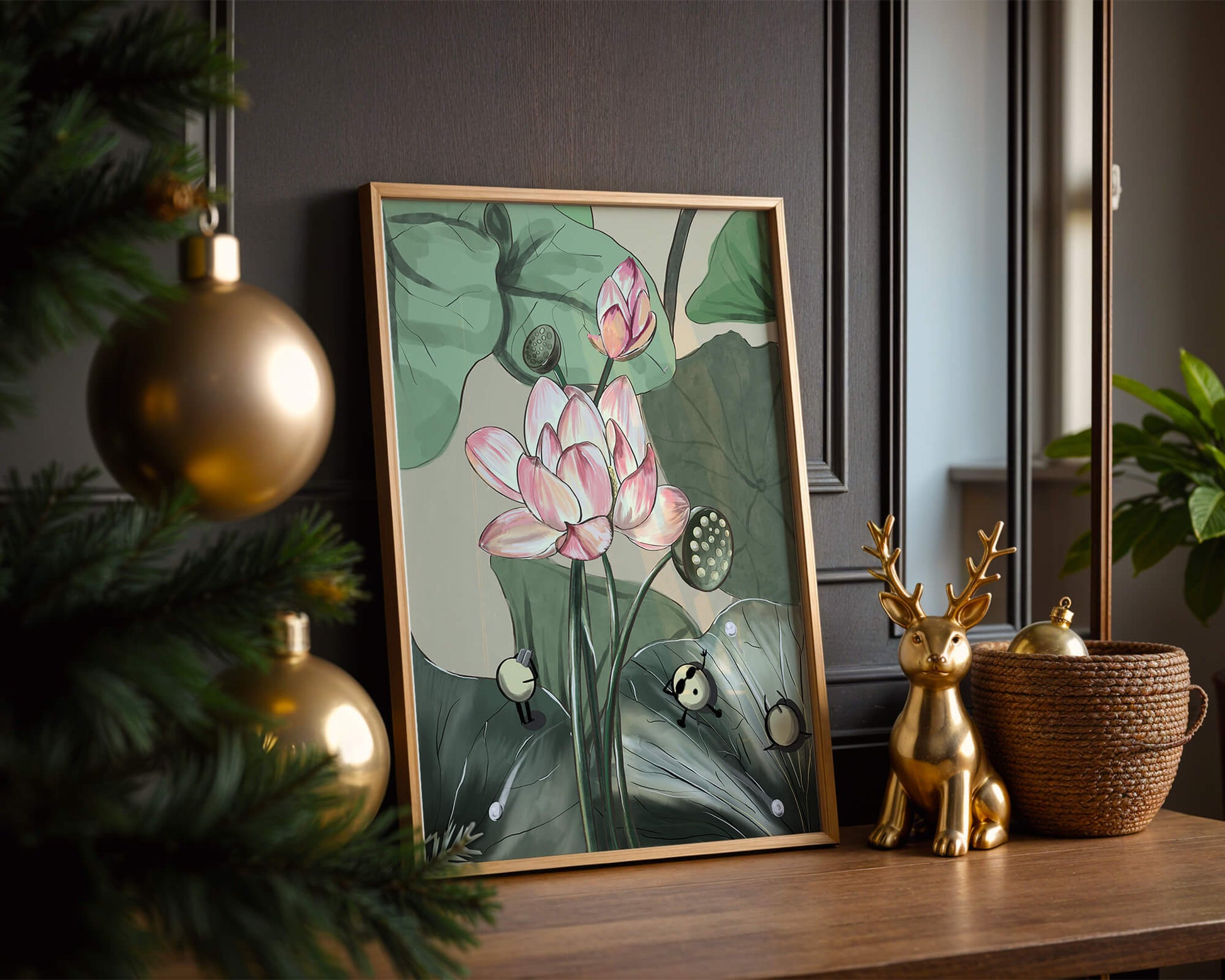 Illustrated lotus with playful cartoon bees in a serene garden