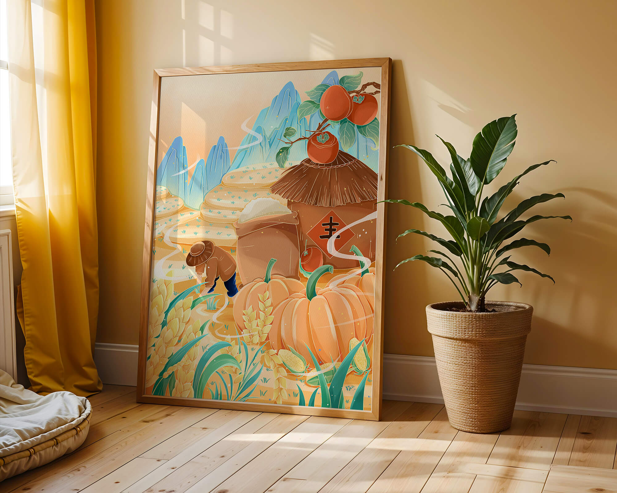 Pastoral landscape with pumpkins and farmer in rice fields