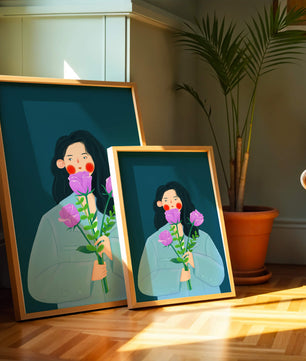 Illustration of a woman with purple flowers on a teal background