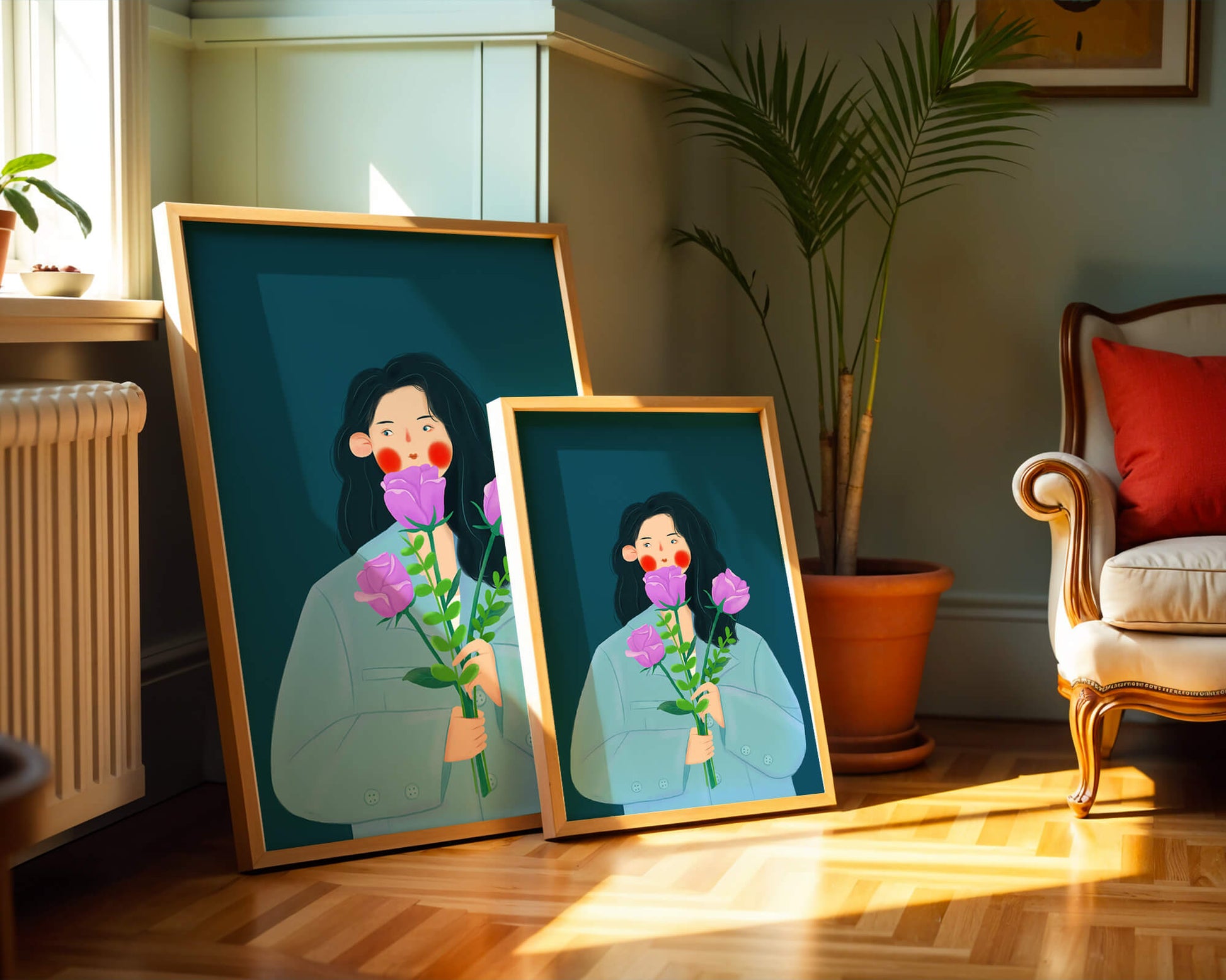 Illustration of a woman with purple flowers on a teal background