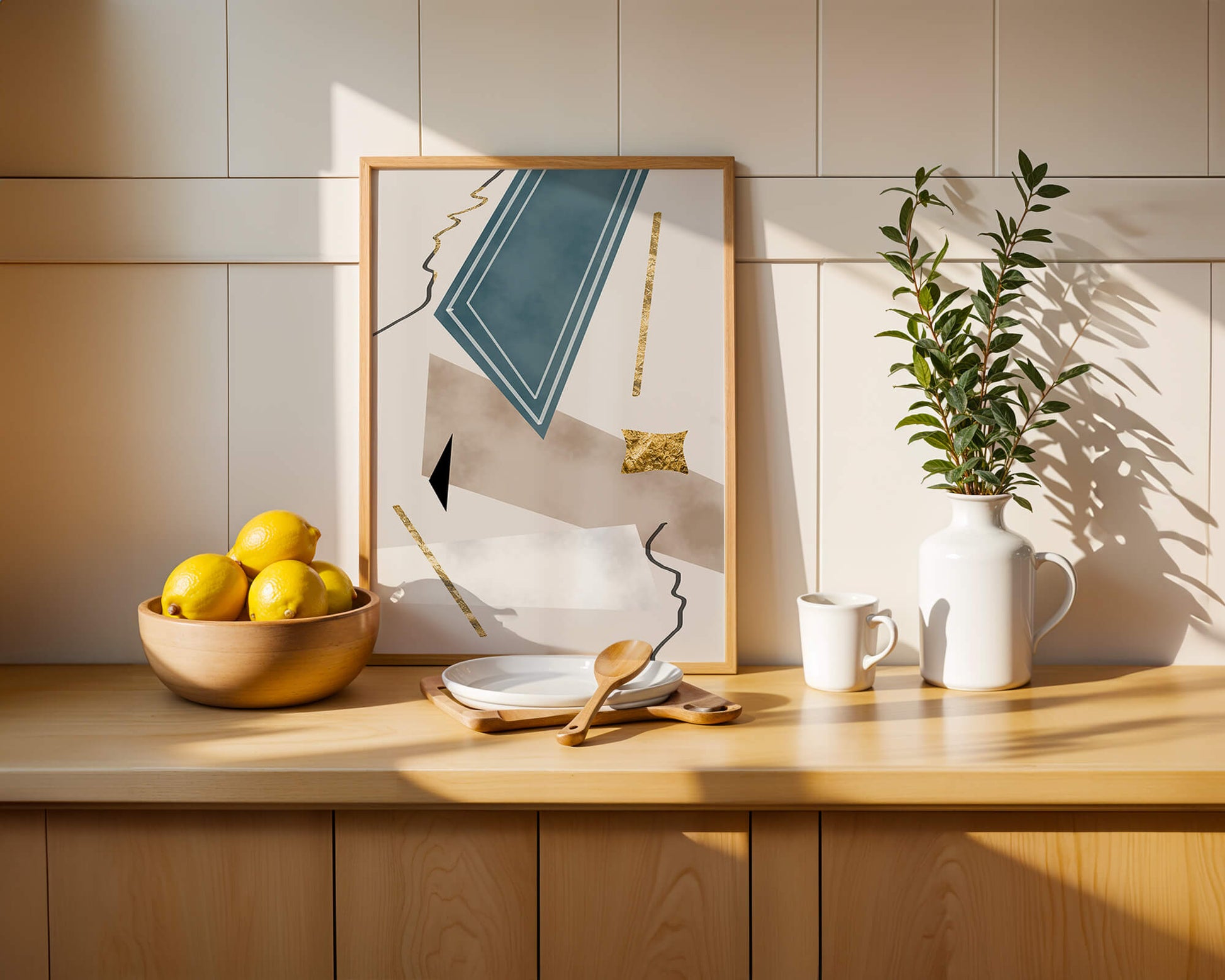 Abstract geometric artwork with gold accents and dynamic shapes