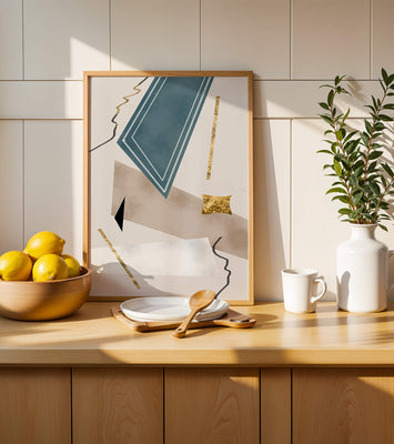 Abstract geometric artwork with gold accents and dynamic shapes