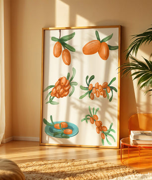 Illustrated sea buckthorn berries with leaves on black background