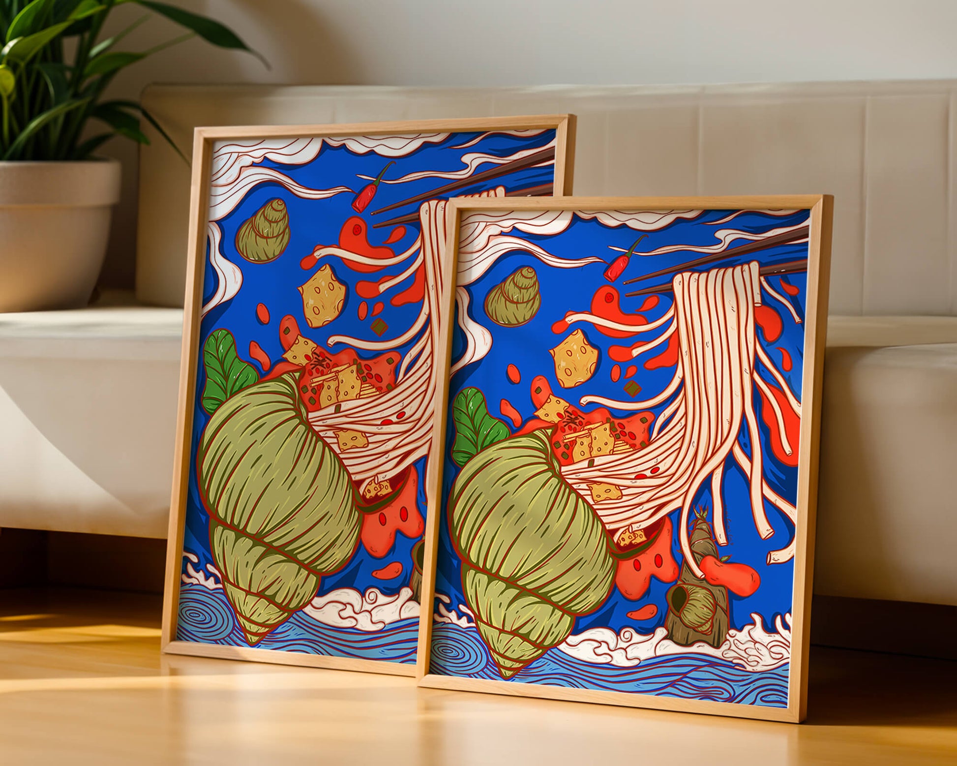 Ilustración intrincada de fideos con colores vibrantes y elementos detallados