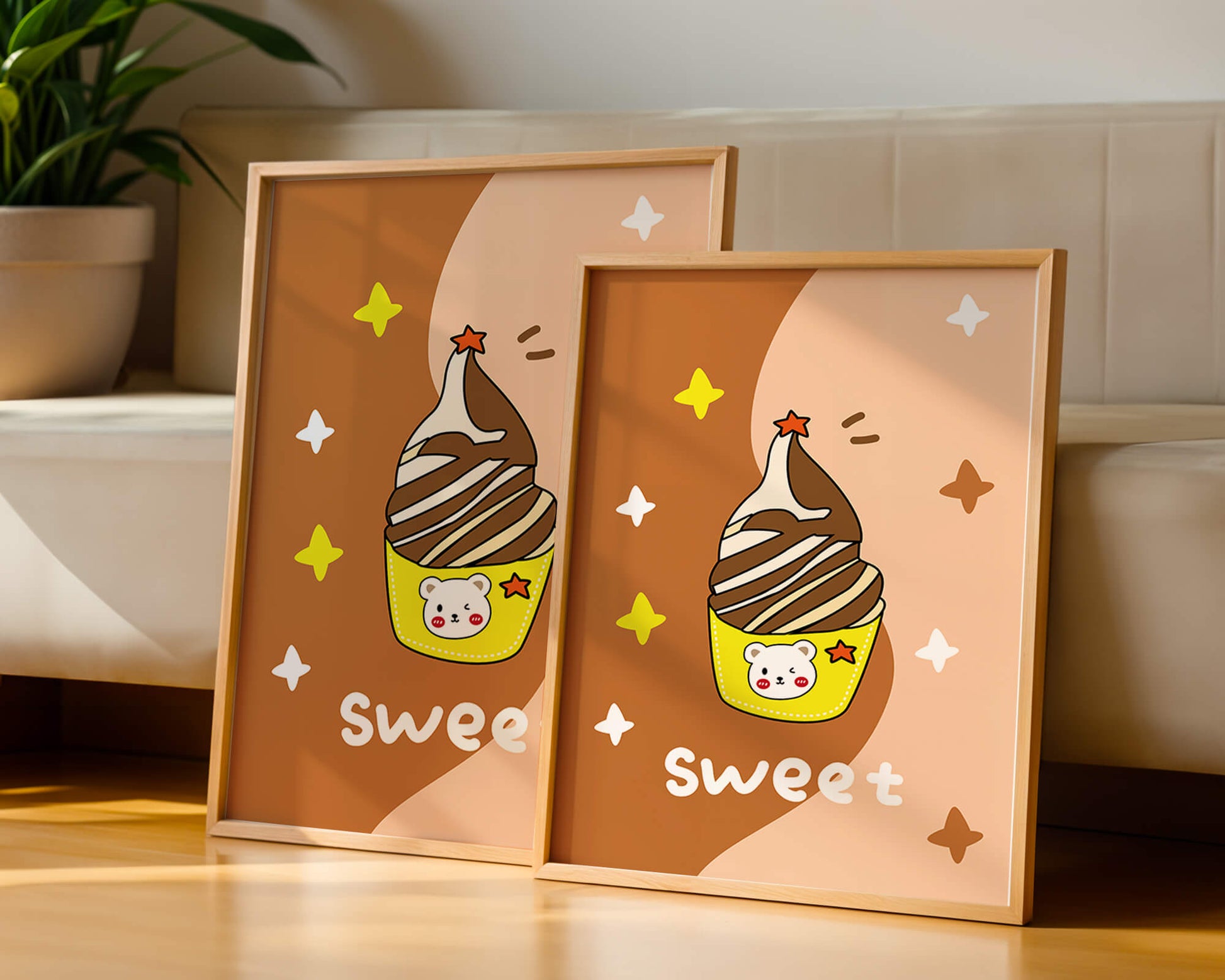 Adorable ice cream design with kawaii bear and colorful background