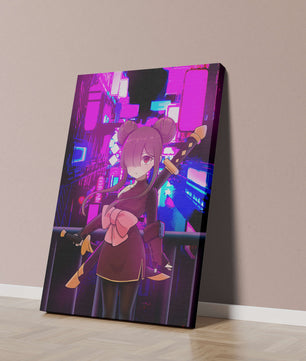 Personaje de anime con espadas y fondo de paisaje urbano neón