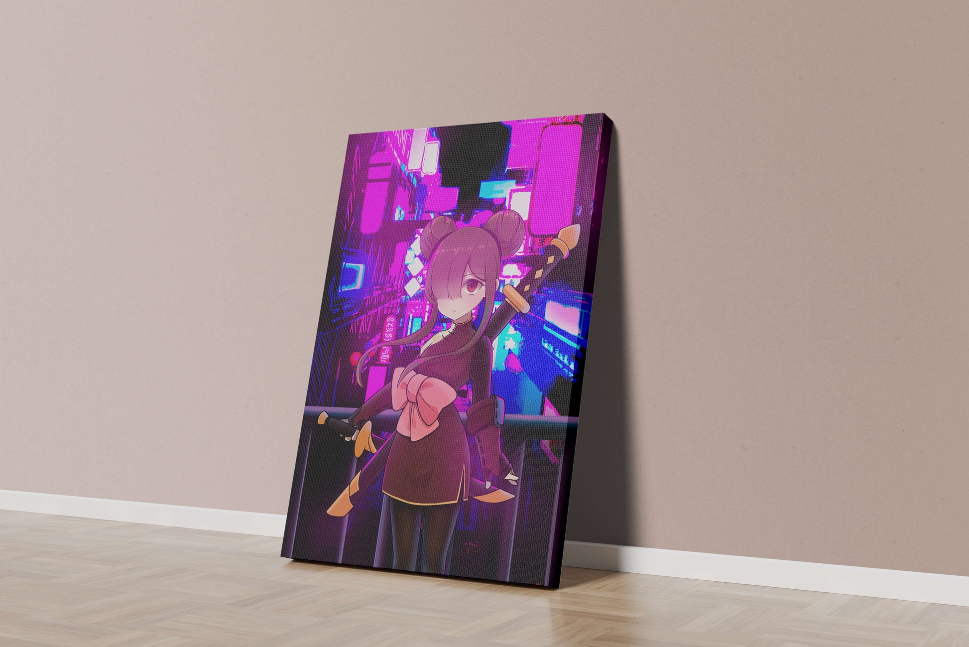 Anime Character with Swords and Neon Cityscape Background