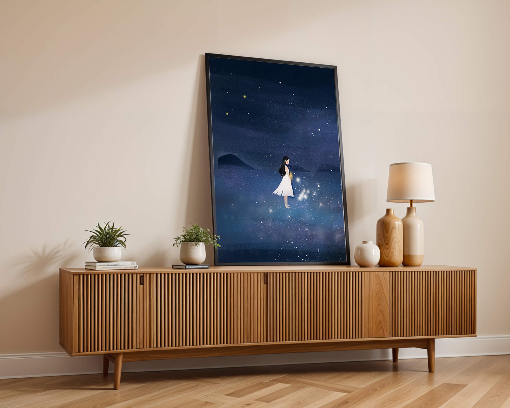 Girl in White Dress Gazing at Starry Night Sky