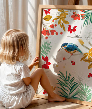 Oiseaux et feuillages colorés dans un décor botanique tropical