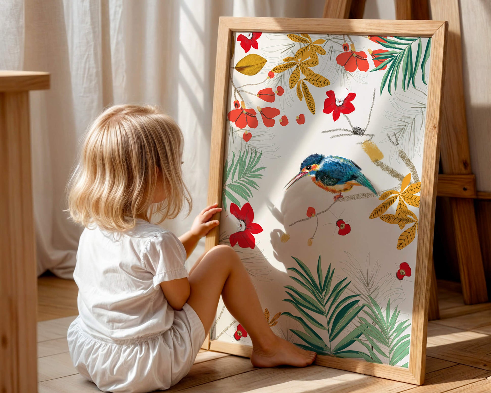 Oiseaux et feuillages colorés dans un décor botanique tropical