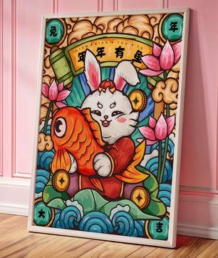 Festive rabbit holding golden fish with lotus flowers and waves in a traditional design